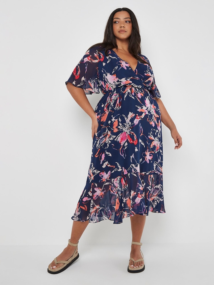 Apricot Blue Abstract Floral Faux Wrap Dress - Image 2 of 4 Apricot Blue Abstract Floral Faux Wrap Dress - Image 2 of 4