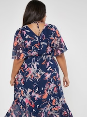 Apricot Blue Abstract Floral Faux Wrap Dress - Image 4 of 4