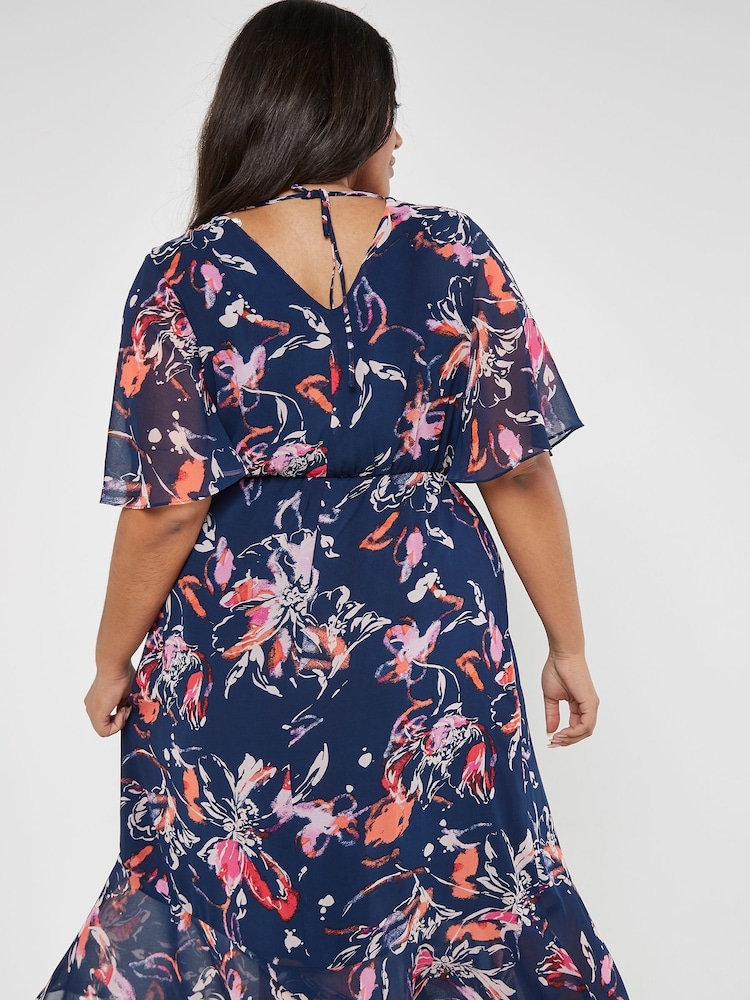 Apricot Blue Abstract Floral Faux Wrap Dress - Image 4 of 4