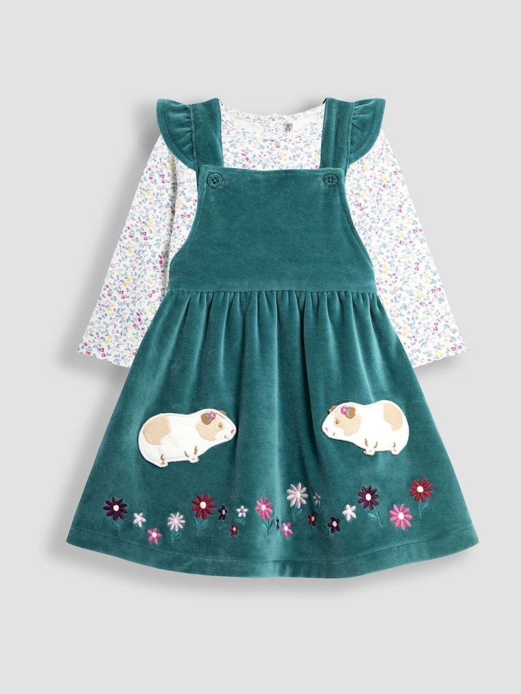 JoJo Maman Bébé Green Guinea Pig Appliqué Velour Pinafore Dress And Top Set - Image 1 of 5