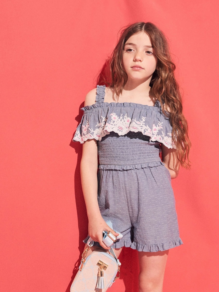 River Island Blue Girls Cutwork Playsuit - Image 1 of 1 River Island Blue Girls Cutwork Playsuit - Image 1 of 1