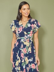 Mela Blue Floral Print Pleated Wrap Skater Dress - Image 1 of 5