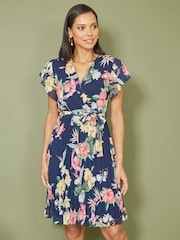 Mela Blue Floral Print Pleated Wrap Skater Dress - Image 2 of 5