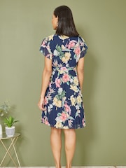 Mela Blue Floral Print Pleated Wrap Skater Dress - Image 4 of 5