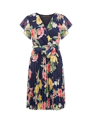 Mela Blue Floral Print Pleated Wrap Skater Dress - Image 5 of 5