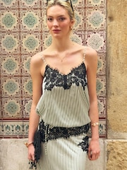 Amy Lynn Green Sienna Green Stripe Satin Lace Contrast Top - Image 1 of 6