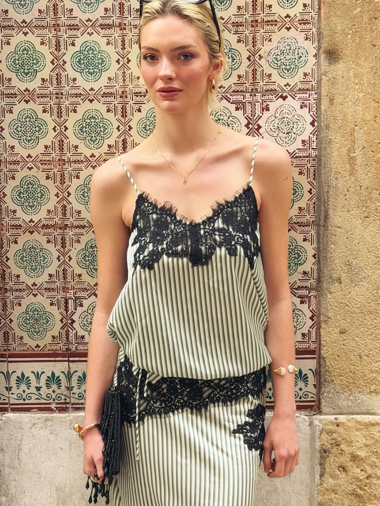 Amy Lynn Green Sienna Green Stripe Satin Lace Contrast Top - Image 1 of 6