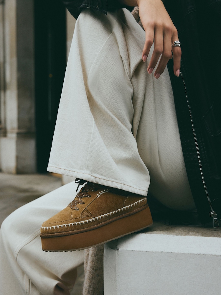 Tan Brown Forever Comfort® Chunky Leather Cosy Faux Fur Lined Suede Lace-Up Trainers - Image 2 of 9
