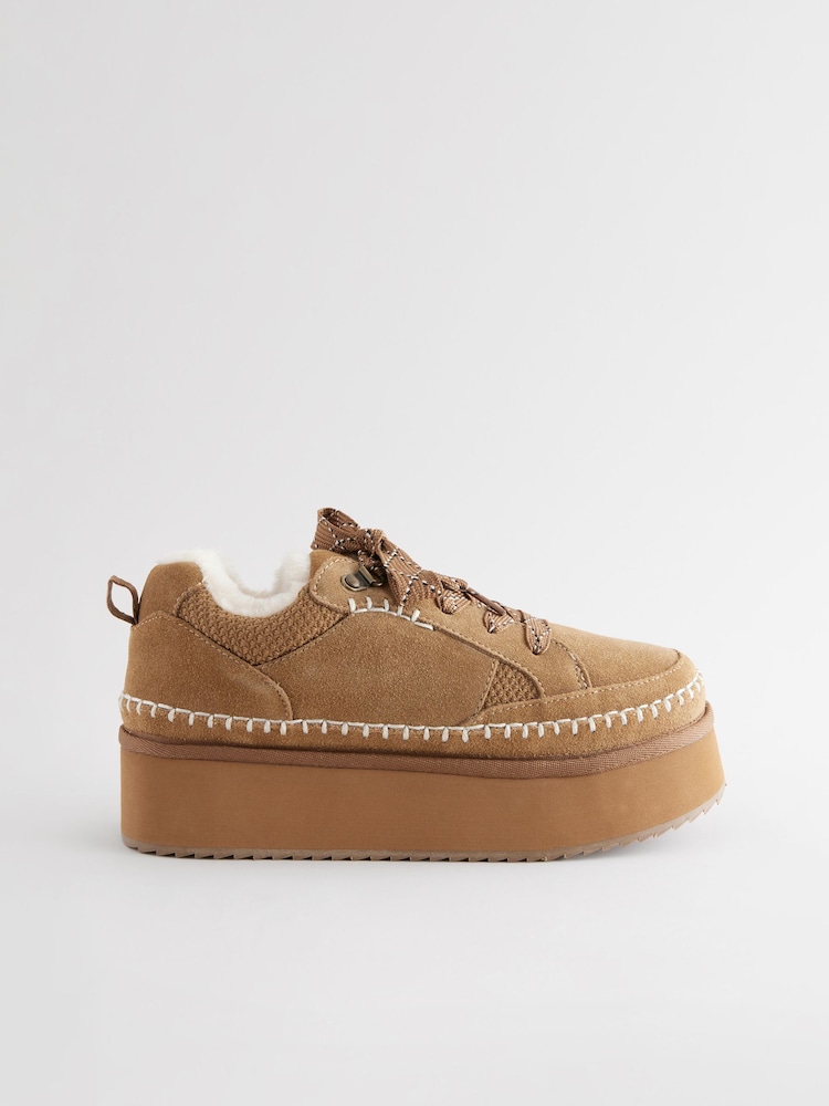 Tan Brown Forever Comfort® Chunky Leather Cosy Faux Fur Lined Suede Lace-Up Trainers - Image 4 of 9