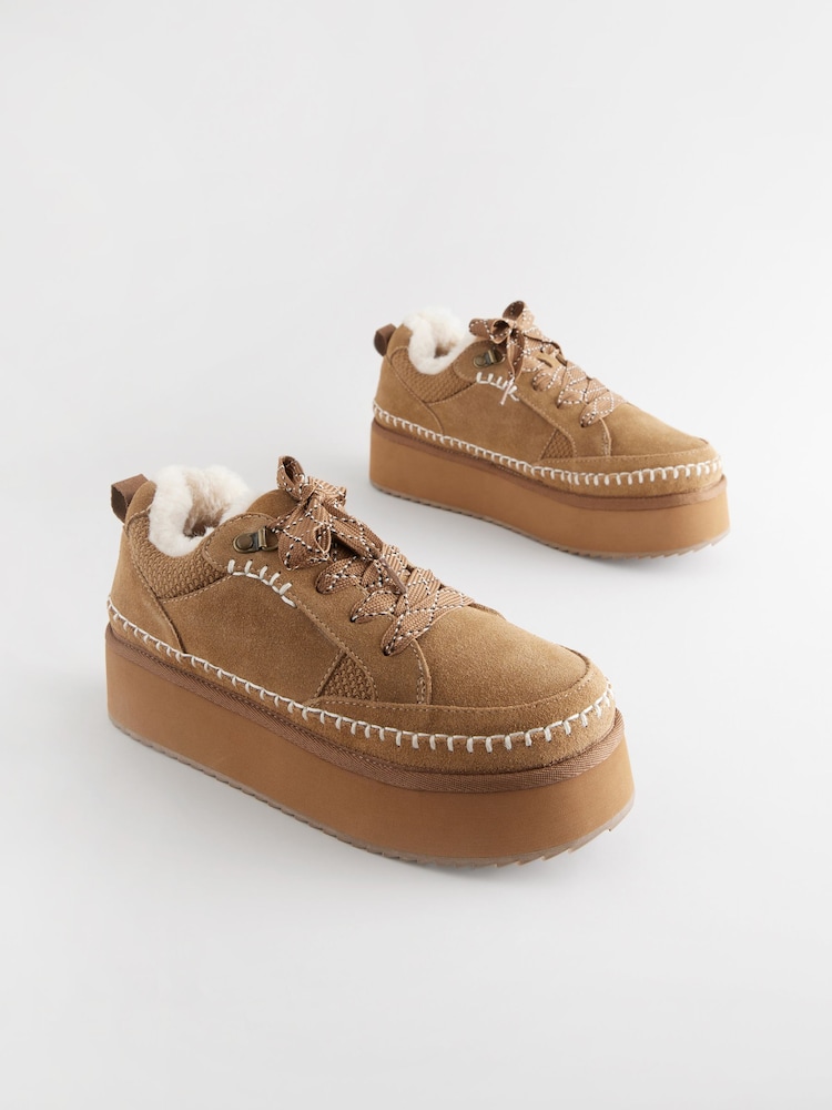 Tan Brown Forever Comfort® Chunky Leather Cosy Faux Fur Lined Suede Lace-Up Trainers - Image 5 of 9