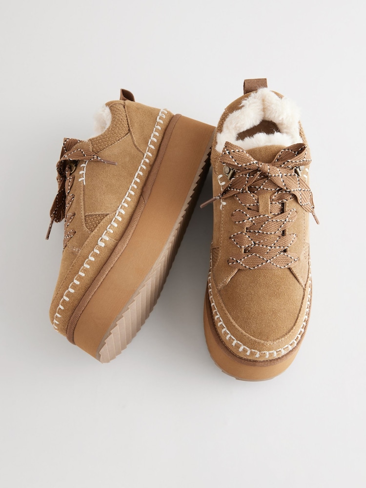 Tan Brown Forever Comfort® Chunky Leather Cosy Faux Fur Lined Suede Lace-Up Trainers - Image 6 of 9