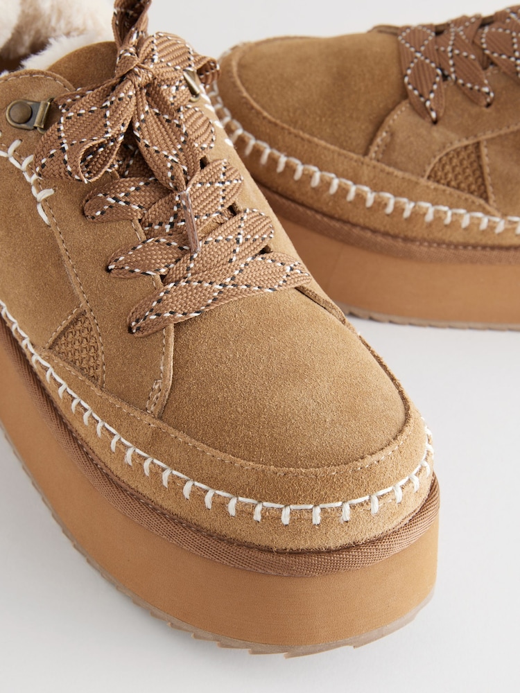 Tan Brown Forever Comfort® Chunky Leather Cosy Faux Fur Lined Suede Lace-Up Trainers - Image 9 of 9