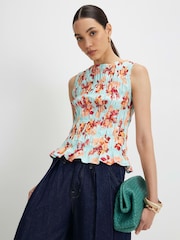 River Island Blue Floral Sleeveless Shirred Tank Top - Image 1 of 4