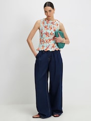 River Island Blue Floral Sleeveless Shirred Tank Top - Image 4 of 4