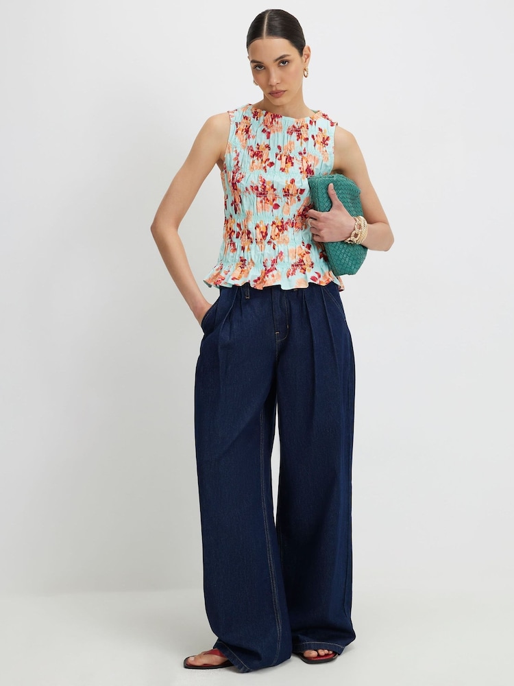 River Island Blue Floral Sleeveless Shirred Tank Top - Image 4 of 4