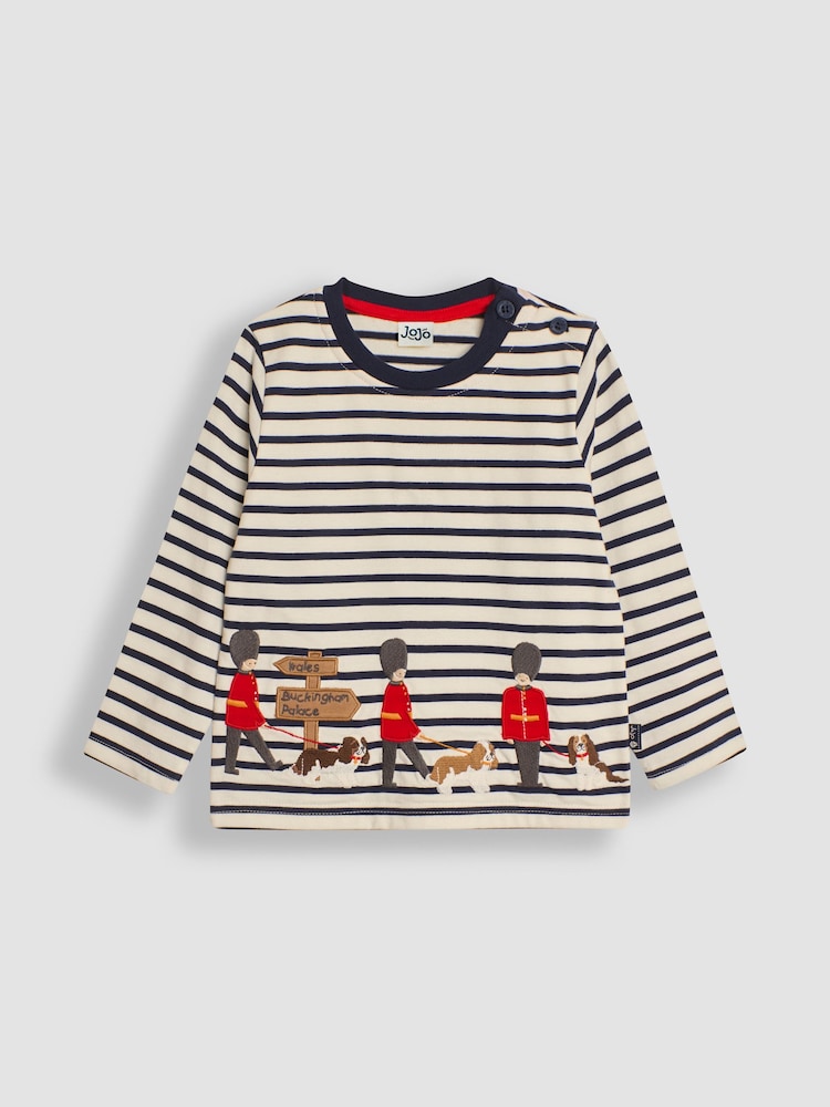 JoJo Maman Bébé Ecru Navy Stripe London Guards Appliqué Border Top - Image 1 of 3