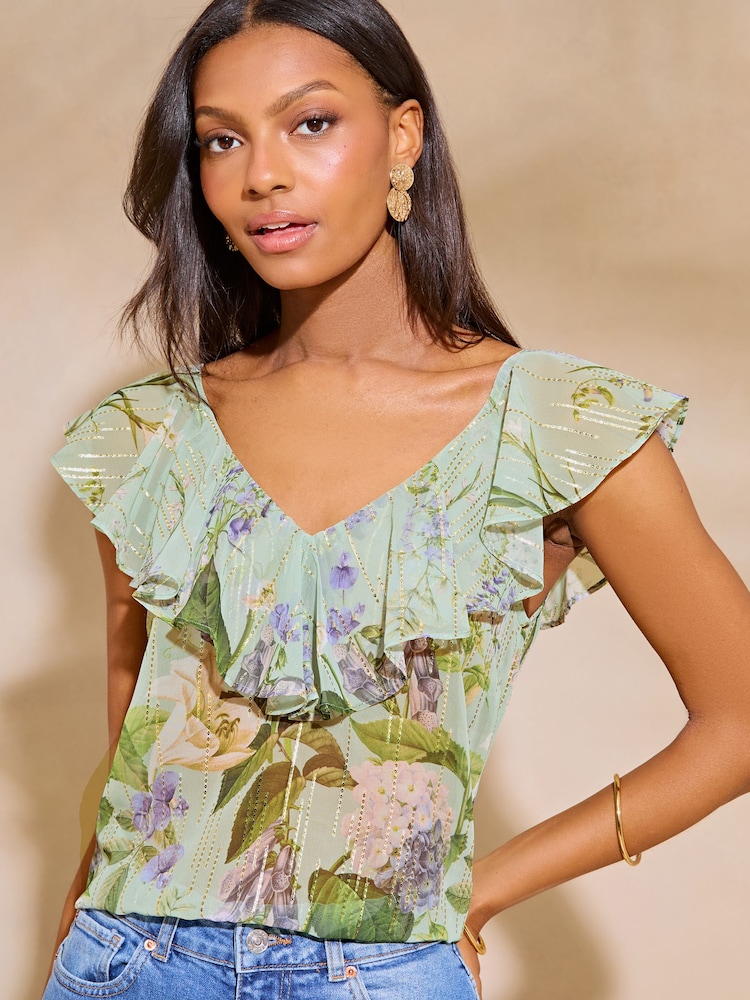 Lipsy Green V Neck Ruffle Trim Blouse - Image 1 of 4 Lipsy Green V Neck Ruffle Trim Blouse - Image 1 of 4