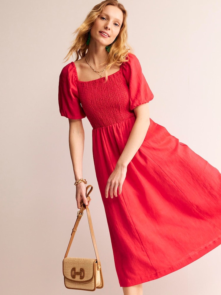 Boden Red Sky Smocked 100% Linen Midi Dress - Image 2 of 6 Boden Red Sky Smocked 100% Linen Midi Dress - Image 2 of 6