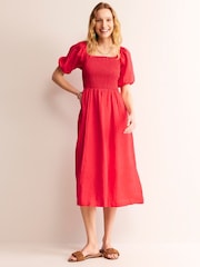 Boden Red Sky Smocked 100% Linen Midi Dress - Image 3 of 6