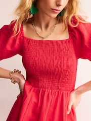 Boden Red Sky Smocked 100% Linen Midi Dress - Image 4 of 6