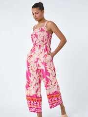 Roman Pink Floral Border Print Crop Stretch Jumpsuit - Image 1 of 5