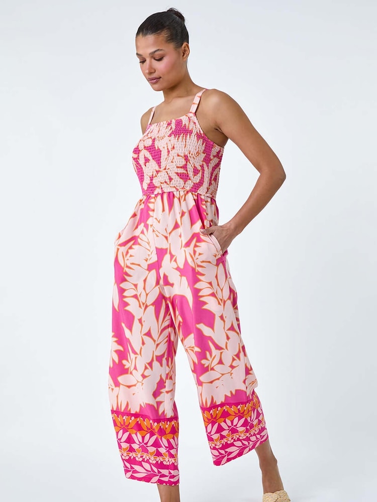 Roman Pink Floral Border Print Crop Stretch Jumpsuit - Image 1 of 5