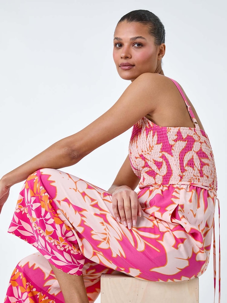 Roman Pink Floral Border Print Crop Stretch Jumpsuit - Image 2 of 5