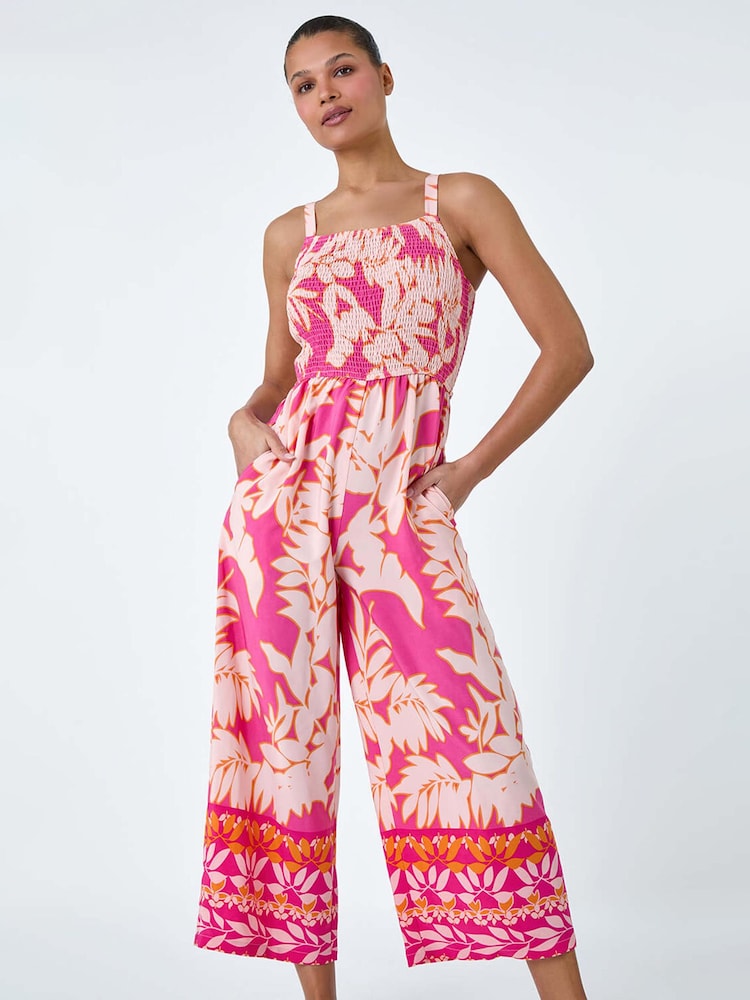 Roman Pink Floral Border Print Crop Stretch Jumpsuit - Image 3 of 5