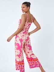 Roman Pink Floral Border Print Crop Stretch Jumpsuit - Image 4 of 5