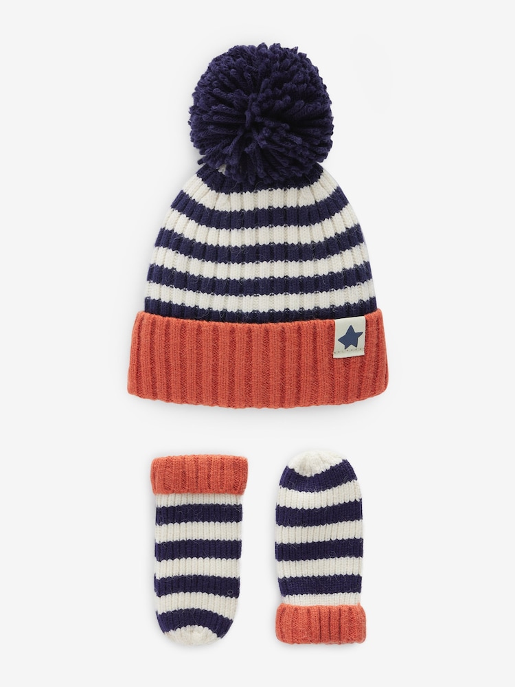 Navy Blue Stripe Hat And Mittens Set (3mths-10yrs) - Image 1 of 7 Navy Blue Stripe Hat And Mittens Set (3mths-10yrs) - Image 1 of 7