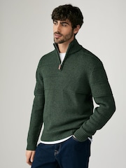 Dark Green Regular Fit Textured Zip Neck Jumper with Wool - Image 1 of 7