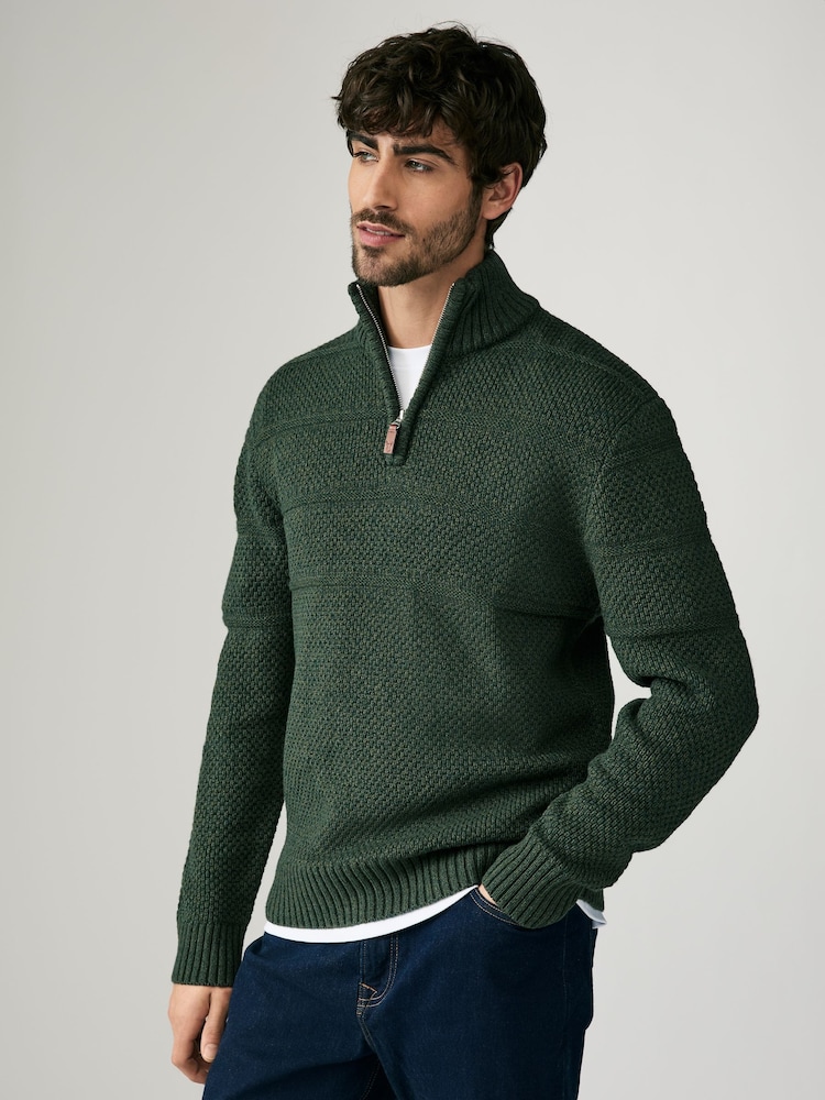 Dark Green Regular Fit Textured Zip Neck Jumper with Wool - Image 1 of 7