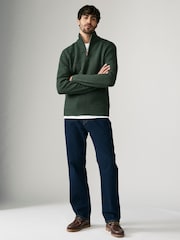 Dark Green Regular Fit Textured Zip Neck Jumper with Wool - Image 2 of 7