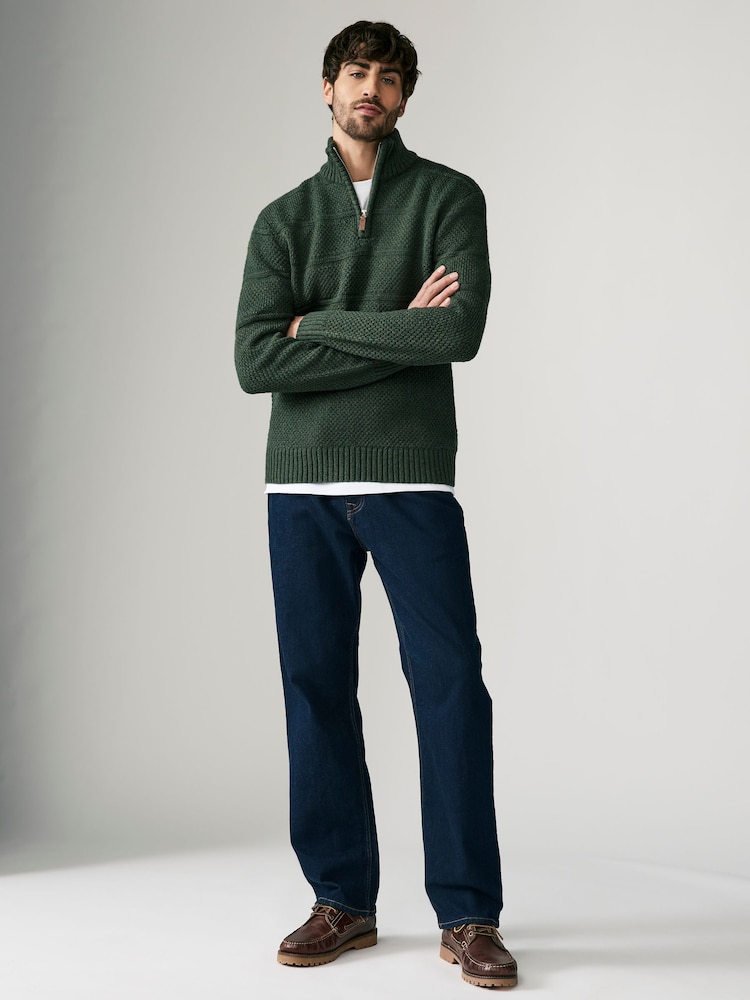 Dark Green Regular Fit Textured Zip Neck Jumper with Wool - Image 2 of 7