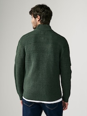 Dark Green Regular Fit Textured Zip Neck Jumper with Wool - Image 3 of 7