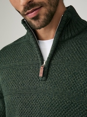 Dark Green Regular Fit Textured Zip Neck Jumper with Wool - Image 4 of 7