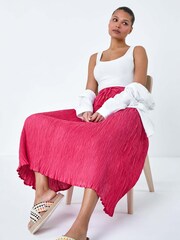 Roman Pink Crinkle 100% Cotton Textured Tassel Midi Skirt - Image 1 of 5