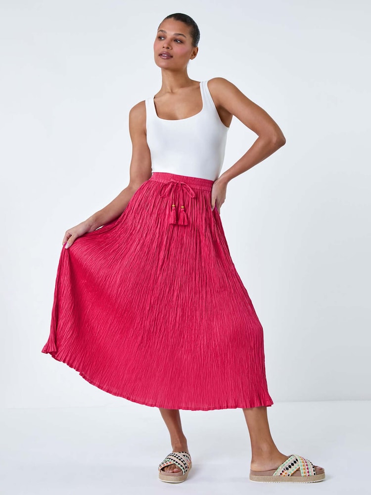 Roman Pink Crinkle 100% Cotton Textured Tassel Midi Skirt - Image 2 of 5
