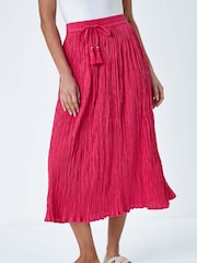 Roman Pink Crinkle 100% Cotton Textured Tassel Midi Skirt - Image 4 of 5