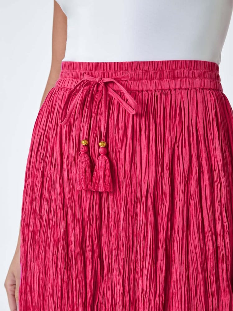 Roman Pink Crinkle 100% Cotton Textured Tassel Midi Skirt - Image 5 of 5