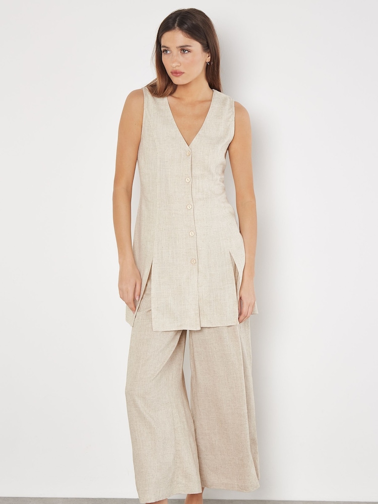 Apricot Natural Tie Back Longline Linen Waistcoat - Image 4 of 4