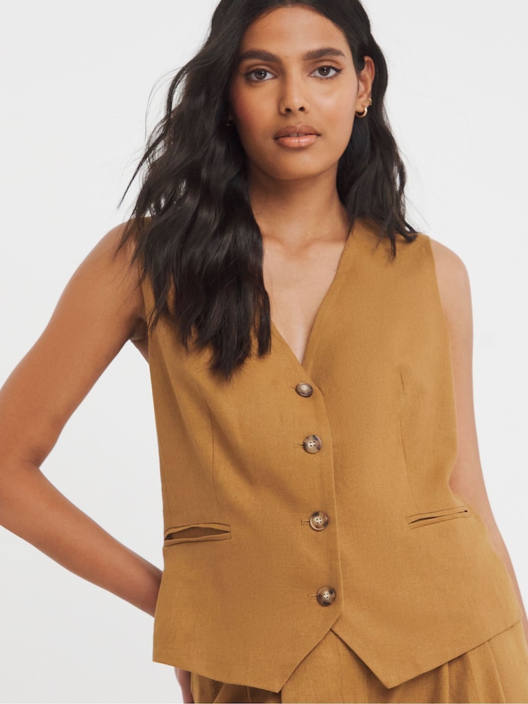 JD Williams Brown Linen Button Front Waistcoat - Image 1 of 4