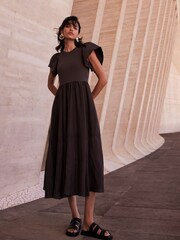 Mint Velvet Brown Jersey Ruffle Midi Dress - Image 1 of 3