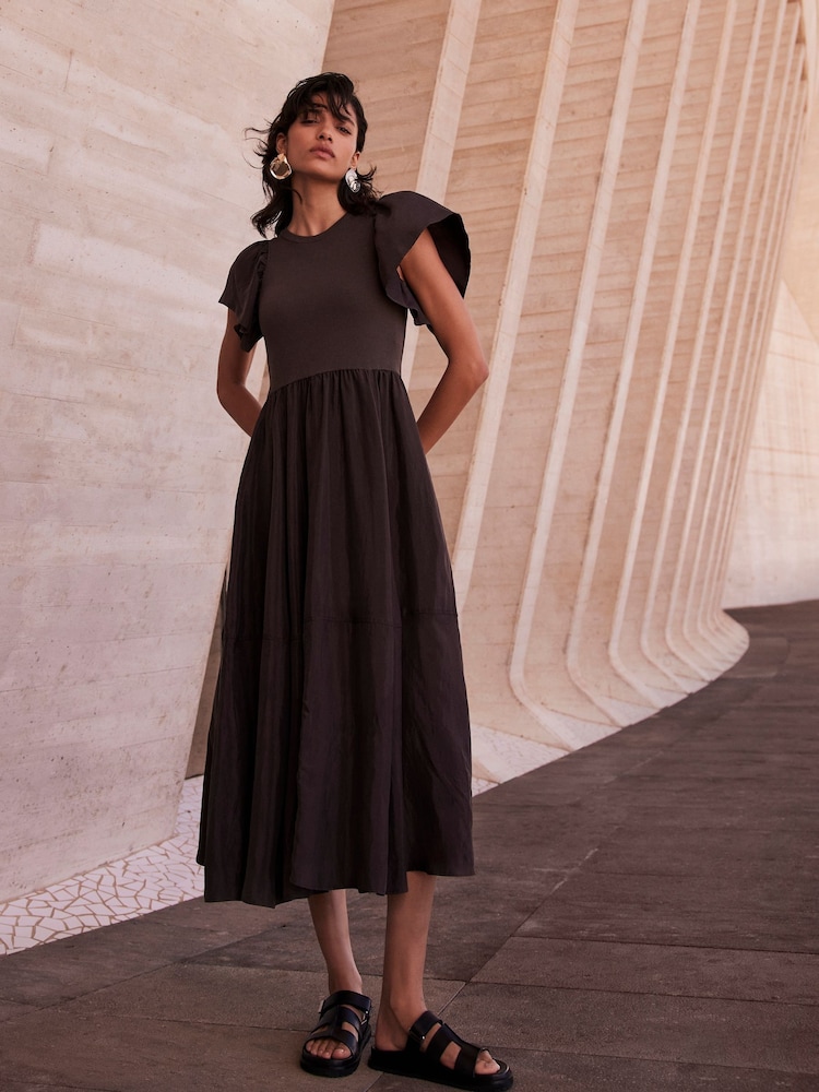 Mint Velvet Brown Jersey Ruffle Midi Dress - Image 1 of 3