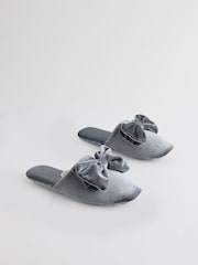 Blue/Grey Velour Bow Mule Slippers - Image 1 of 11