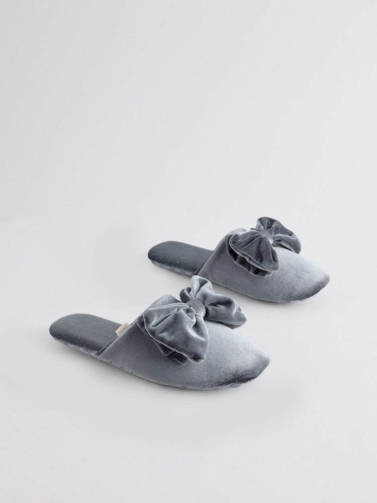 Blue/Grey Velour Bow Mule Slippers - Image 1 of 11