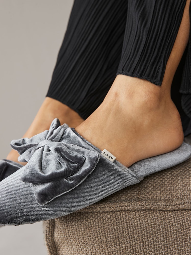 Blue/Grey Velour Bow Mule Slippers - Image 11 of 11