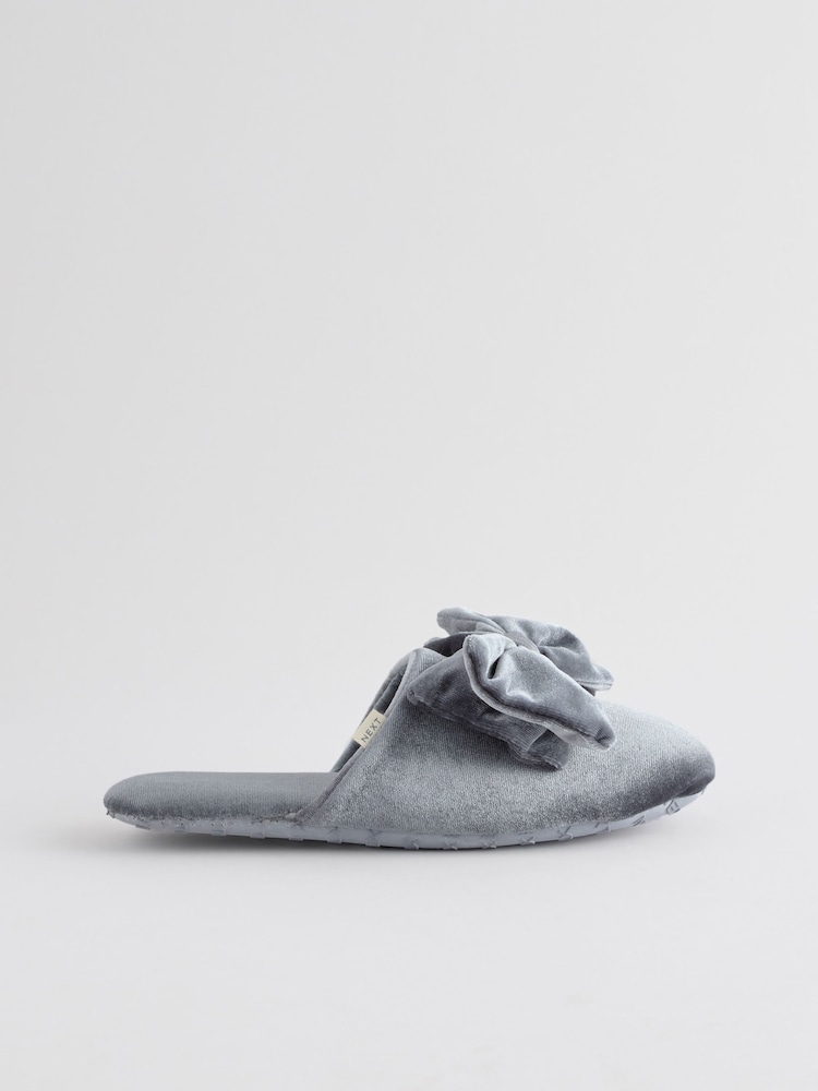 Blue/Grey Velour Bow Mule Slippers - Image 2 of 11