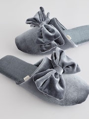 Blue/Grey Velour Bow Mule Slippers - Image 4 of 11