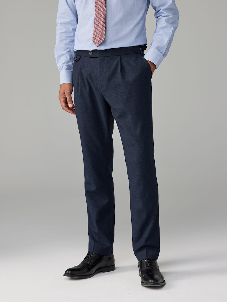 Navy Blue Adjustable Wool Blend Side Adjuster Smart Trousers - Image 1 of 9